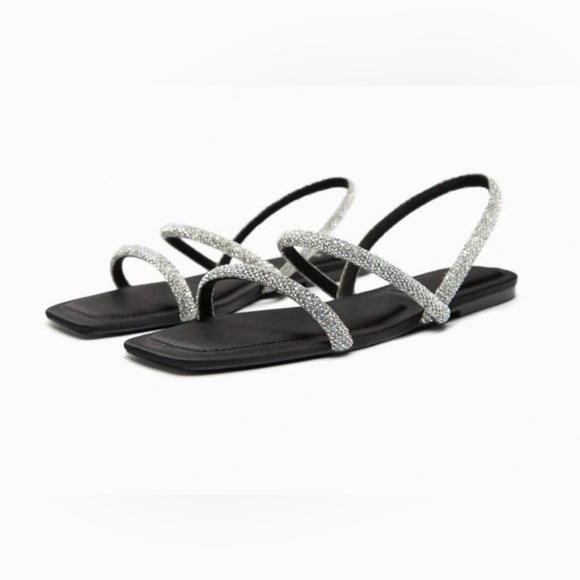 Zara Women's Sandals in Black Silver Accents Zara RHINESTONE FLAT SANDALS 39 - Picture 3 of 10